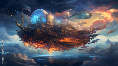 there is a ship that is floating in the sky with a lot of clouds Generative AI