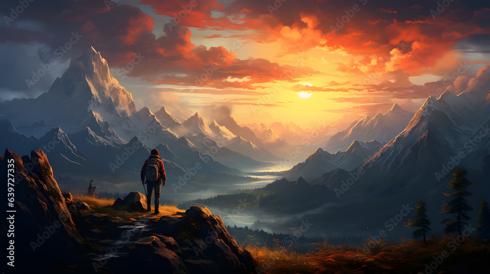 painting of a man standing on a mountain top looking at a valley Generative AI painting of a man standing on a mountain top looking at a valley Generative AI