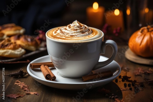 A blank white coffee mug Pumpkin spice latte with whip cream on a wooden table
