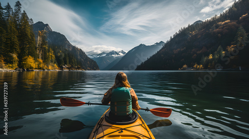 there is a woman sitting in a kayak on the water Generative AI photo