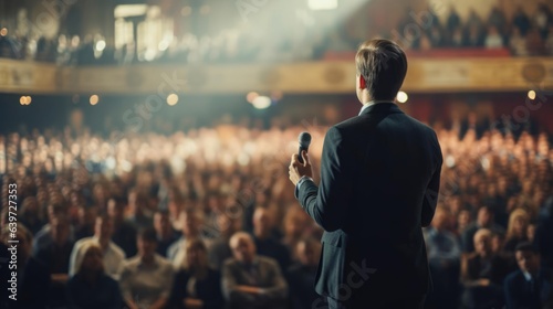 a businessman giving a talk to a large crowd on a stage