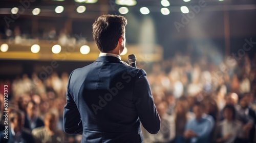 a businessman giving a talk to a large crowd on a stage
