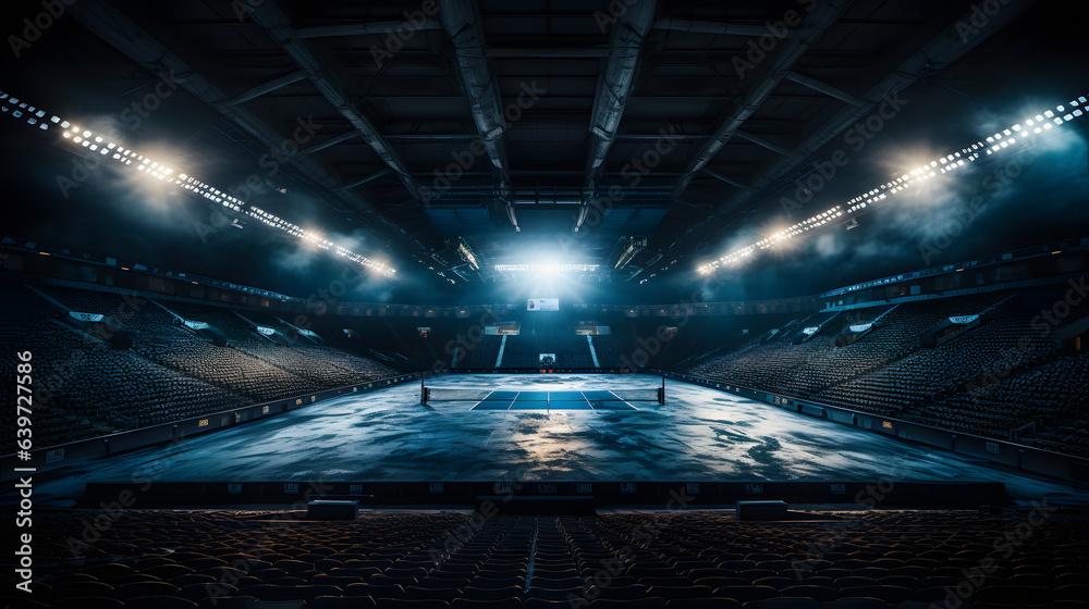 arafed view of a hockey rink with lights and smoke Generative AI