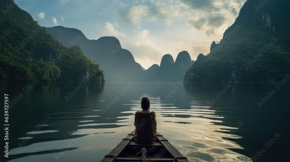 A woman seated at the front  boat meditates while contemplating the calm and magnificent landscape  lake surrounded by mountains