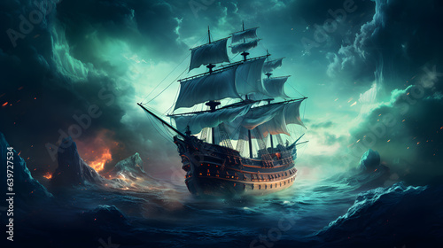 there is a ship that is sailing in the ocean with a lot of smoke Generative AI