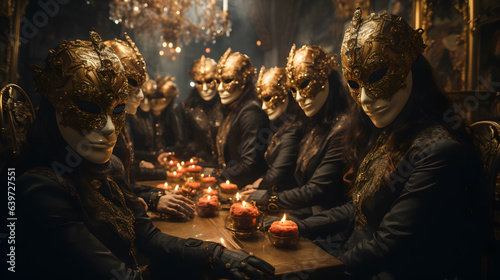 several people wearing masks sit at a table with candles Generative AI