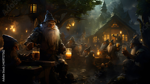 there are many gnomes that are standing around a table Generative AI
