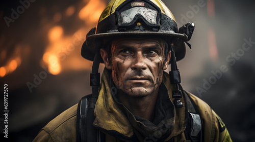 arafed firefighter in front of a fire with a burning background Generative AI
