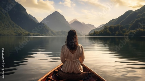 A woman seated at the front boat meditates while contemplating the calm and magnificent landscape lake surrounded by mountains