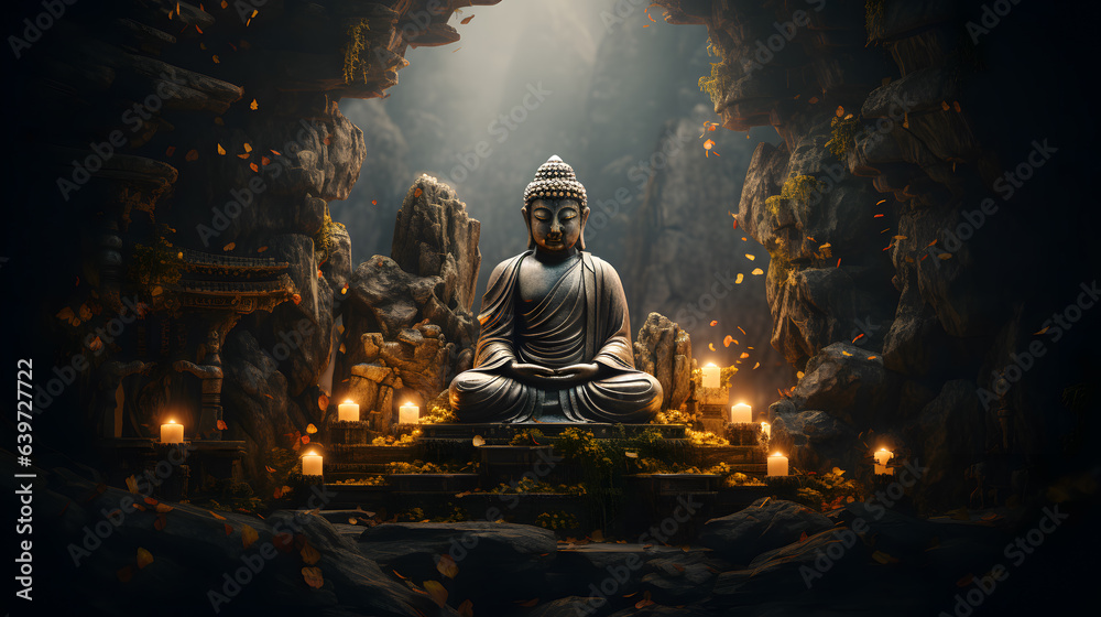 there is a statue of a buddha sitting on a stone platform Generative AI