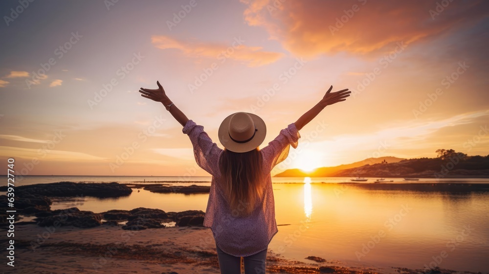 Fototapeta premium Back view of happy woman wearing hat and backpack raising arms up on the beach at sunset. Delightful woman enjoying peaceful moment walking outdoors. Wellness