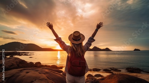Back view of happy woman wearing hat and backpack raising arms up on the beach at sunset. Delightful woman enjoying peaceful moment walking outdoors. Wellness