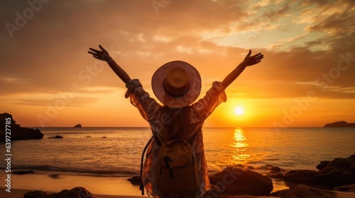 Back view of happy woman wearing hat and backpack raising arms up on the beach at sunset. Delightful man enjoying peaceful moment walking outdoors. Wellness