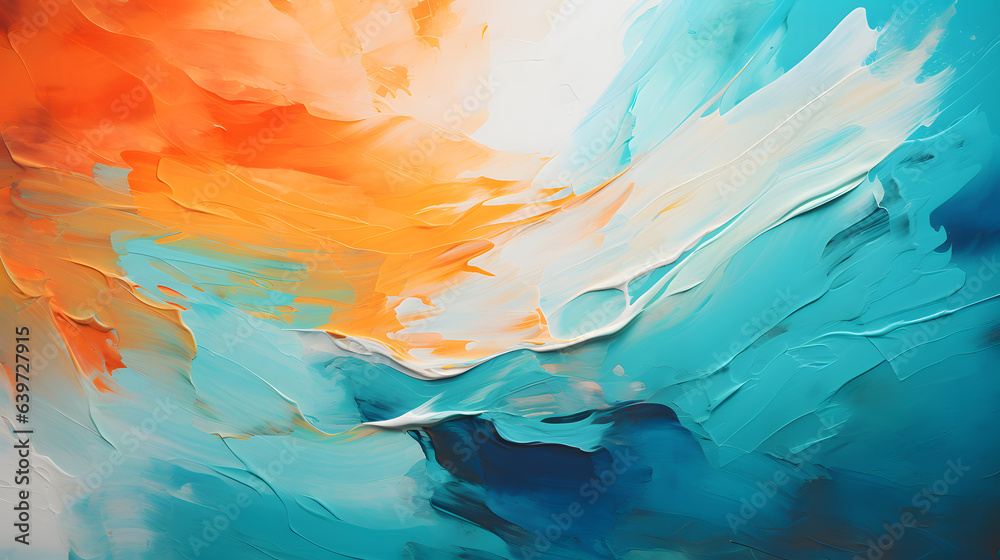 painting of a large orange and blue wave with a white background Generative AI