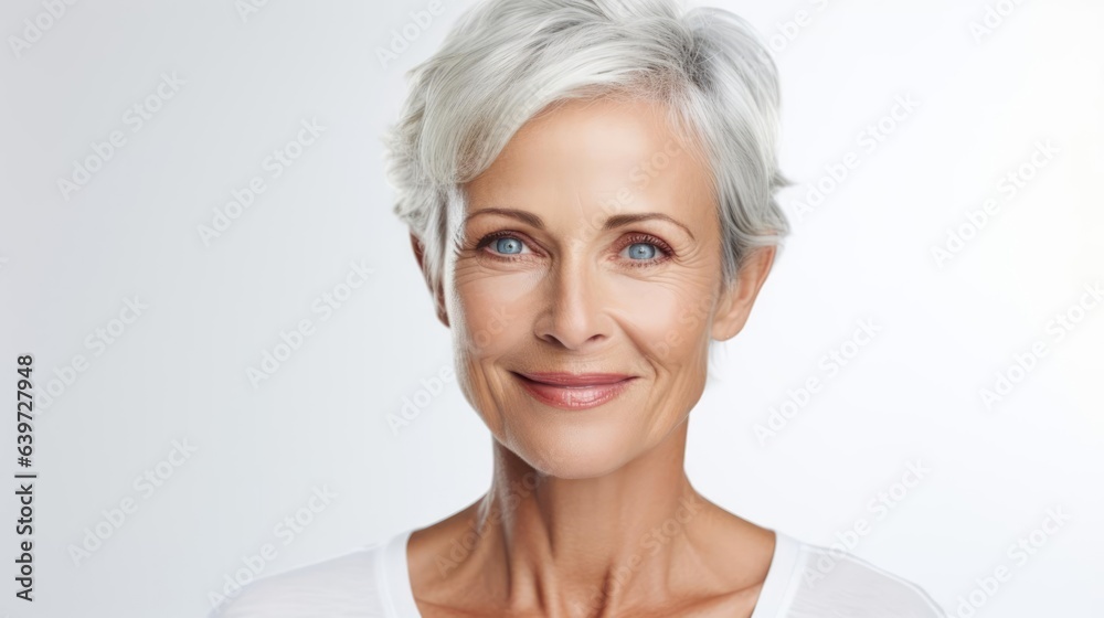 Beautiful 50s mid aged mature woman looking at camera isolated on white. Mature old lady close up portrait. Healthy face skin care beauty