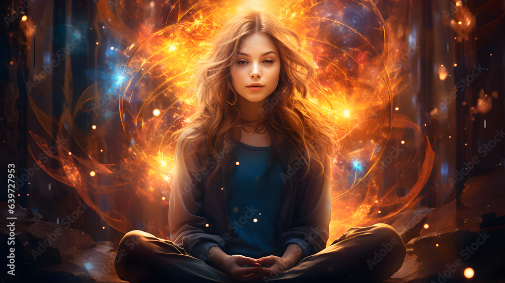 arafed image of a woman sitting in a meditation position with a glowing fireball in the background Generative AI