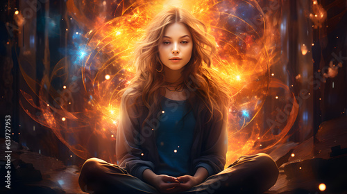 arafed image of a woman sitting in a meditation position with a glowing fireball in the background Generative AI