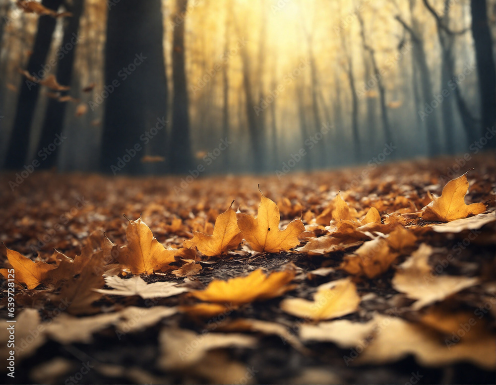 Beautiful natural autumn background with forest and falling orange leafs