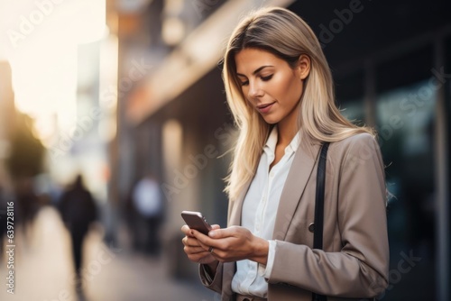 Closeup image of business woman checking her smart mobile phone device outdoors