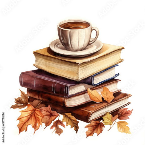 Watercolor stack of books and orange, autumn leafs Generative AI photo