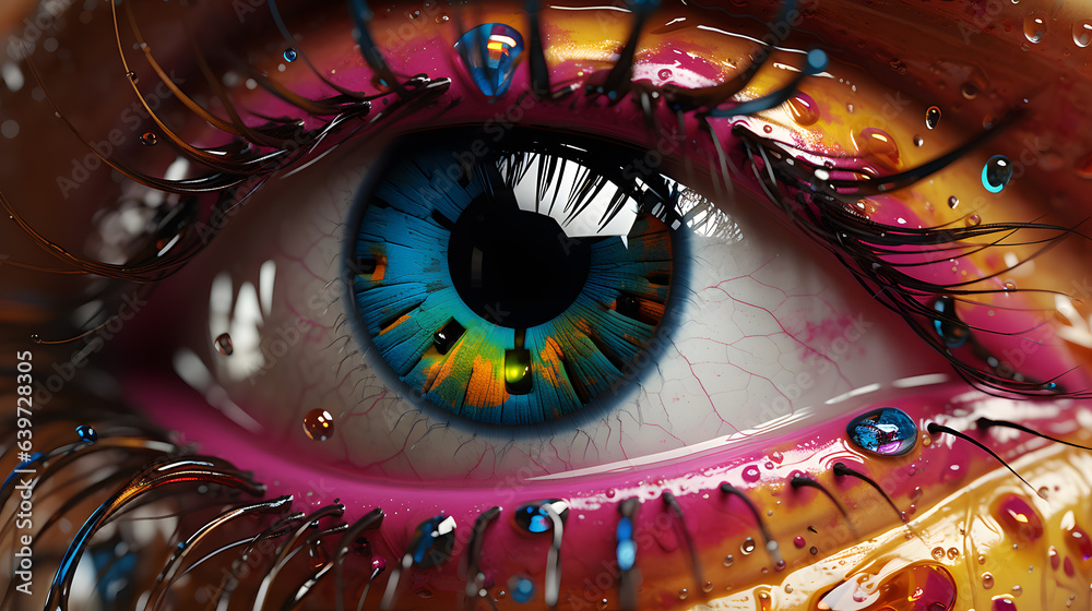 Fototapeta premium brightly colored eye with a lot of water drops on it Generative AI