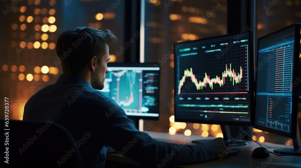 Market investor analyst broker analyzing financial trade crypto stockmarket exchange platform digital chart data on computer screen analytic risk - obrazy, fototapety, plakaty 