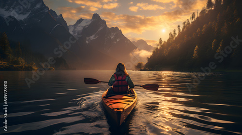 there is a woman in a kayak on the water at sunset Generative AI © GestureShot