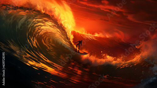 surfer riding a wave in the sunset with a red sky Generative AI © GestureShot
