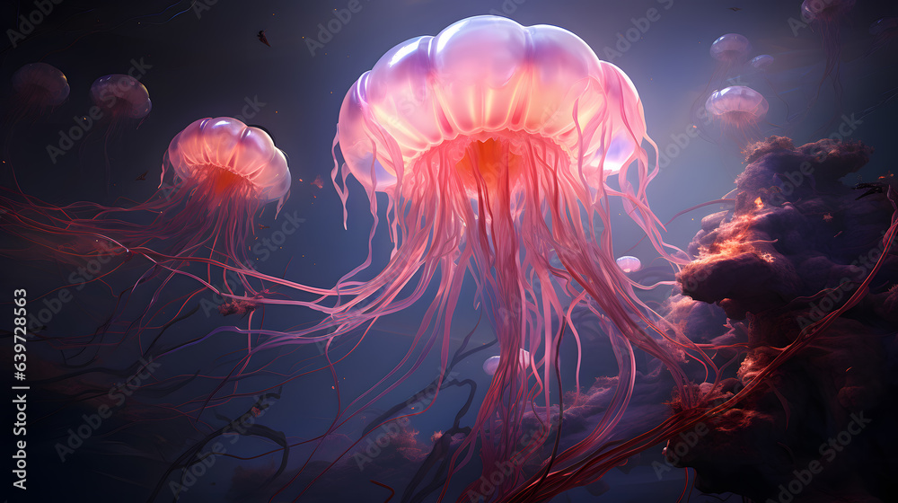Naklejka premium jellyfishs floating in the water with a dark background Generative AI