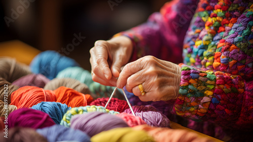 someone is knitting a colorful piece of yarn with a needle Generative AI