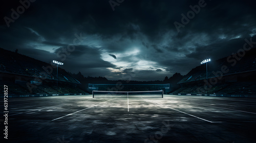 arafed tennis court with a cloudy sky and lights Generative AI