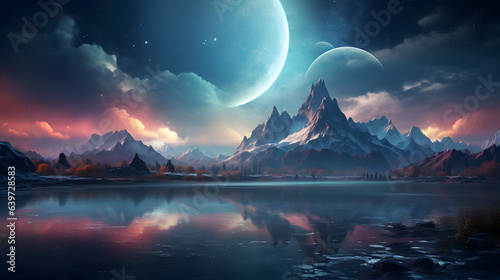 mountains and a lake with a moon in the sky Generative AI