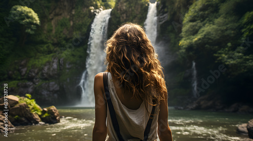 arafed woman standing in front of a waterfall looking at a waterfall Generative AI