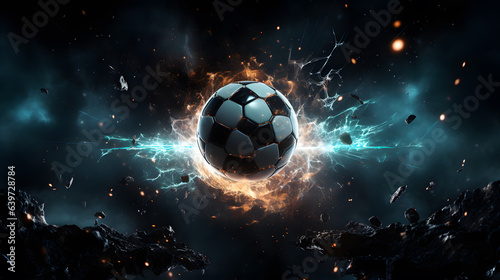 arafed soccer ball in a dark space with a lot of sparks Generative AI