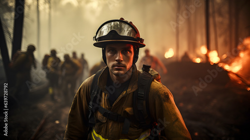 firefighters in a forest with flames in the background Generative AI © GestureShot