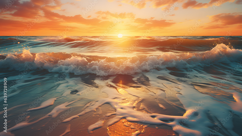 sunset over the ocean with waves crashing on the beach Generative AI