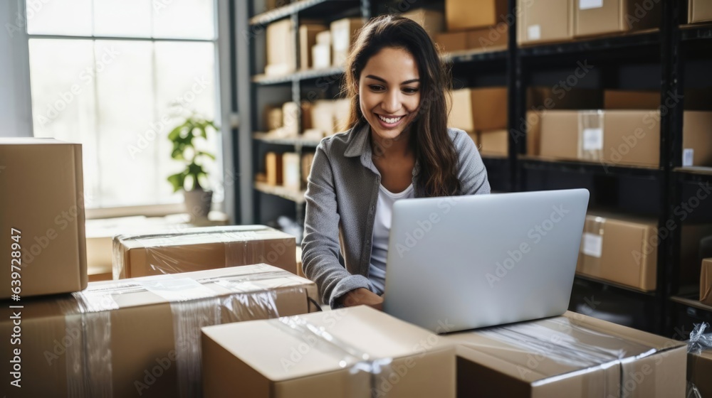 Smiling female ebay seller boxes and packing tape all around her working on her laptop Smiling female ebay seller boxes and packing tape all around her working on her laptop