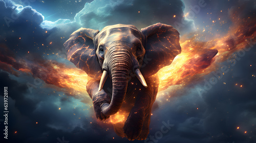 there is a elephant that is flying through the sky with fire Generative AI © GestureShot