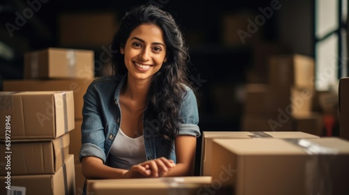 Smiling female ebay seller boxes and packing tape all around her working on her laptop photo