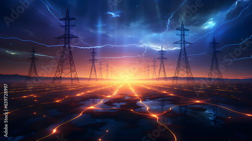 a close up of a field of electricity with a sunset in the background Generative AI photo