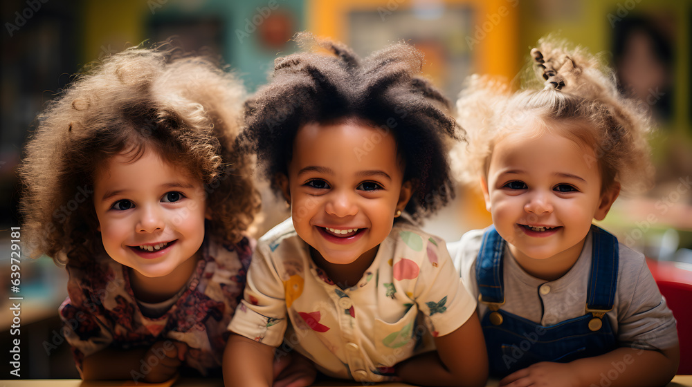 three little girls are smiling and laying on a table Generative AI