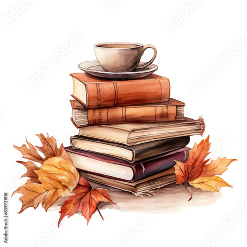 Watercolor stack of books and orange, autumn leafs Generative AI photo