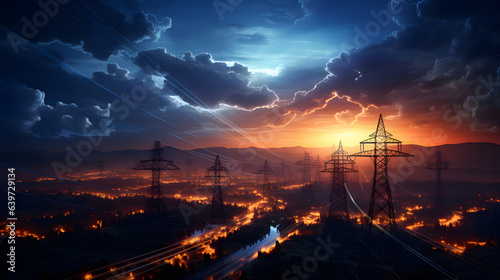 arafed view of a city with power lines and a sunset Generative AI