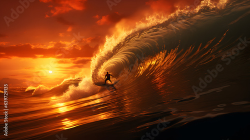 surfer riding a wave at sunset on a beautiful day Generative AI © GestureShot