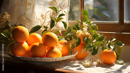 there are many oranges in a bowl on a table Generative AI