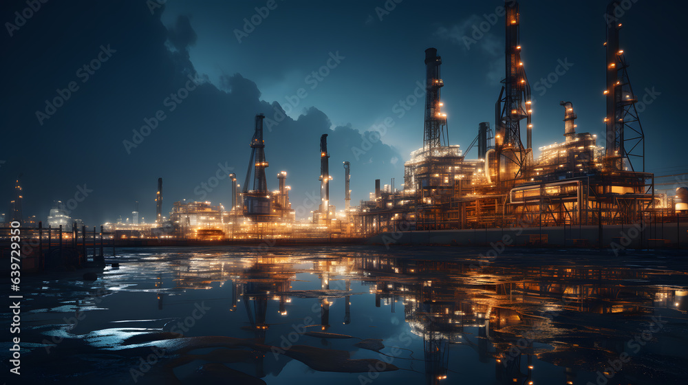 nighttime view of a large oil refinery with a lot of smoke Generative AI nighttime view of a large oil refinery with a lot of smoke Generative AI