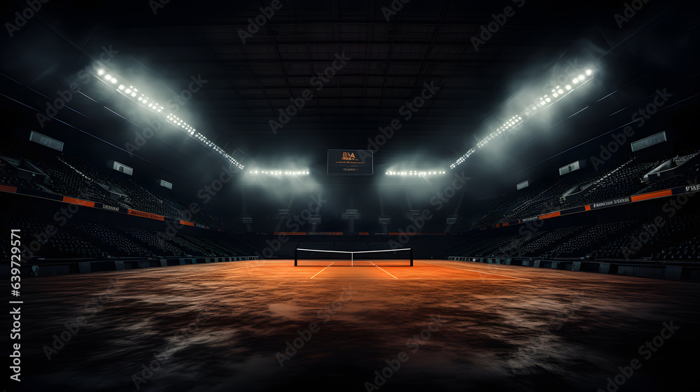 arafed view of a tennis court with a net and lights Generative AI - obrazy, fototapety, plakaty 