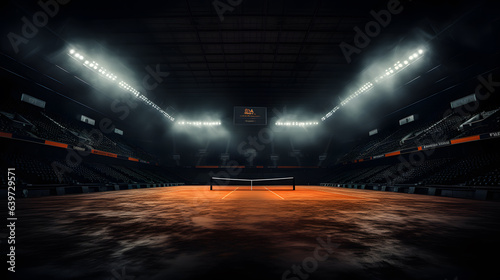 arafed view of a tennis court with a net and lights Generative AI © GestureShot