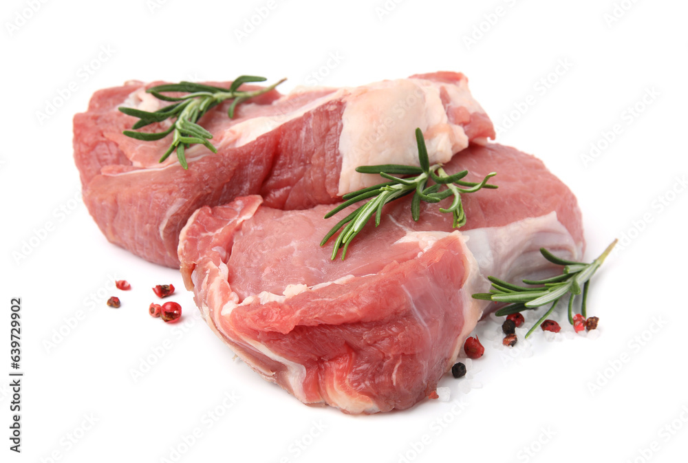 Fresh raw meat with rosemary and spices isolated on white