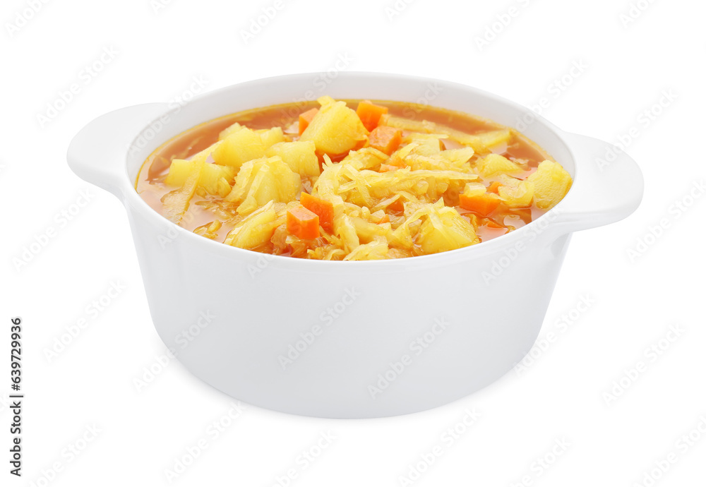 Pot of delicious sauerkraut soup with potatoes and carrot isolated on white Pot of delicious sauerkraut soup with potatoes and carrot isolated on white